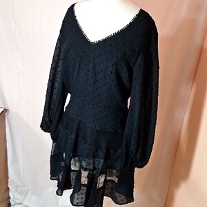 Elegant Black Long Sleeve Swiss Dot Mini Dress NWT